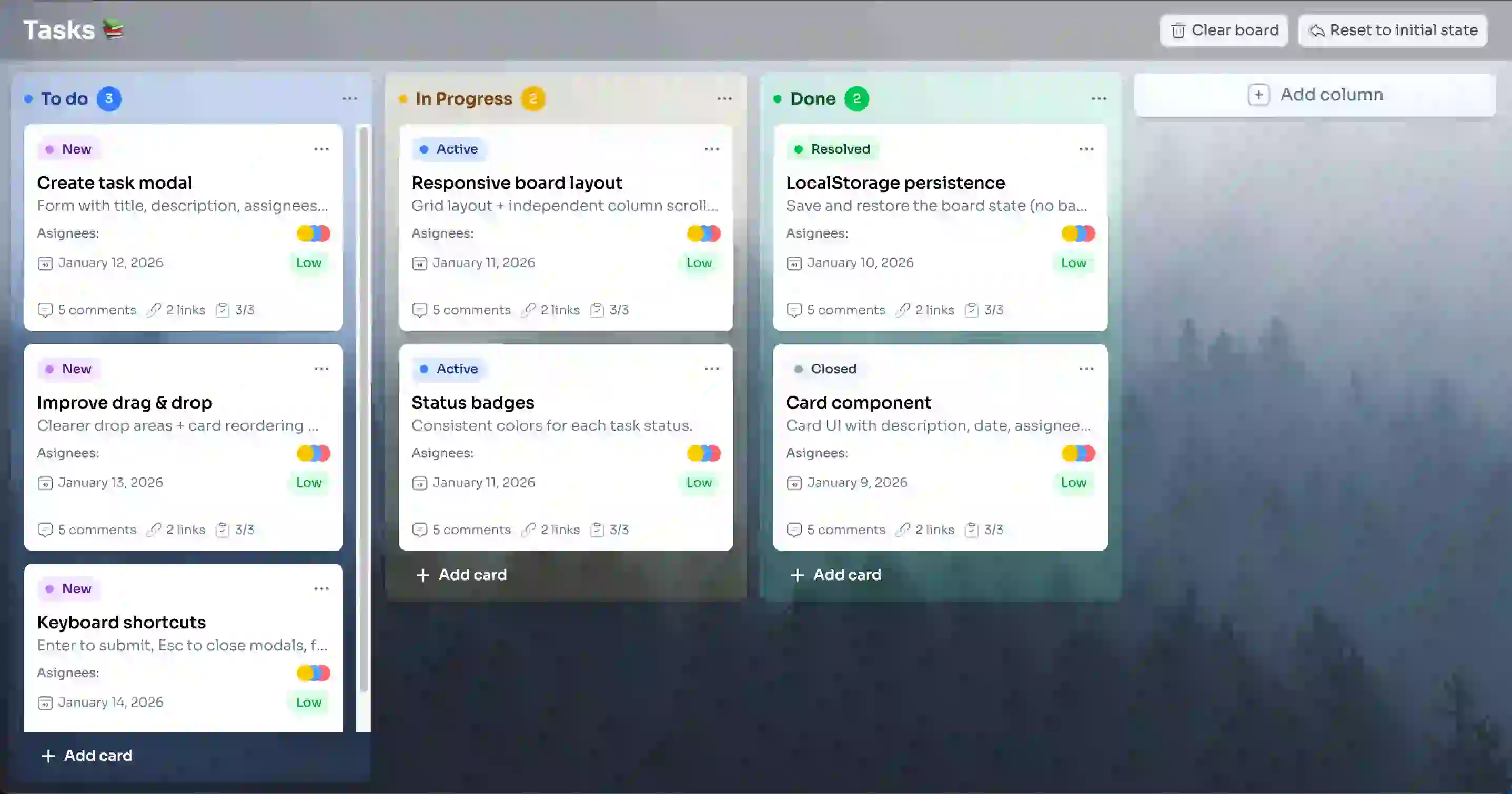 React Kanban Board - Sistema de gestión de tareas